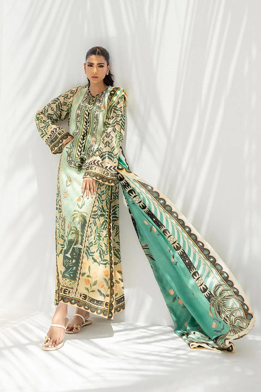 Light Green Palm Tree & Floral Printed Georgette Chiffon 3PC Coord Set with Scarf | Hand-Made Potli Work, Fabric Tassels & String | SKU: J6138