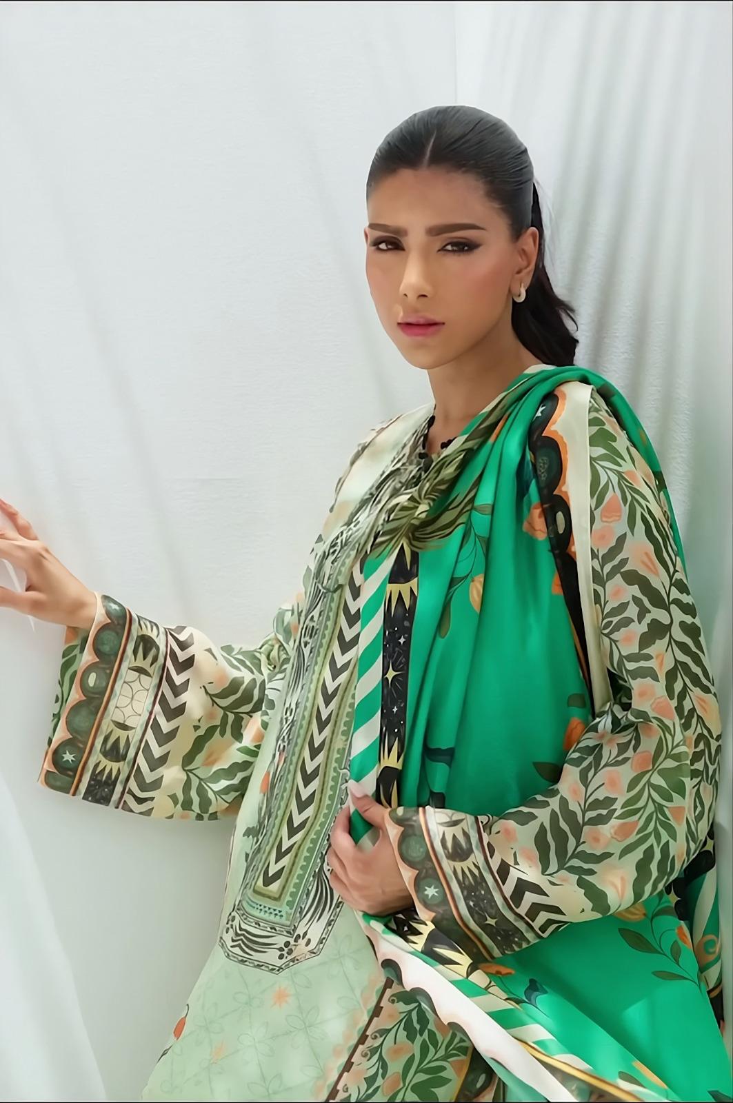 Light Green Palm Tree & Floral Printed Georgette Chiffon 3PC Coord Set with Scarf | Hand-Made Potli Work, Fabric Tassels & String | SKU: J6138