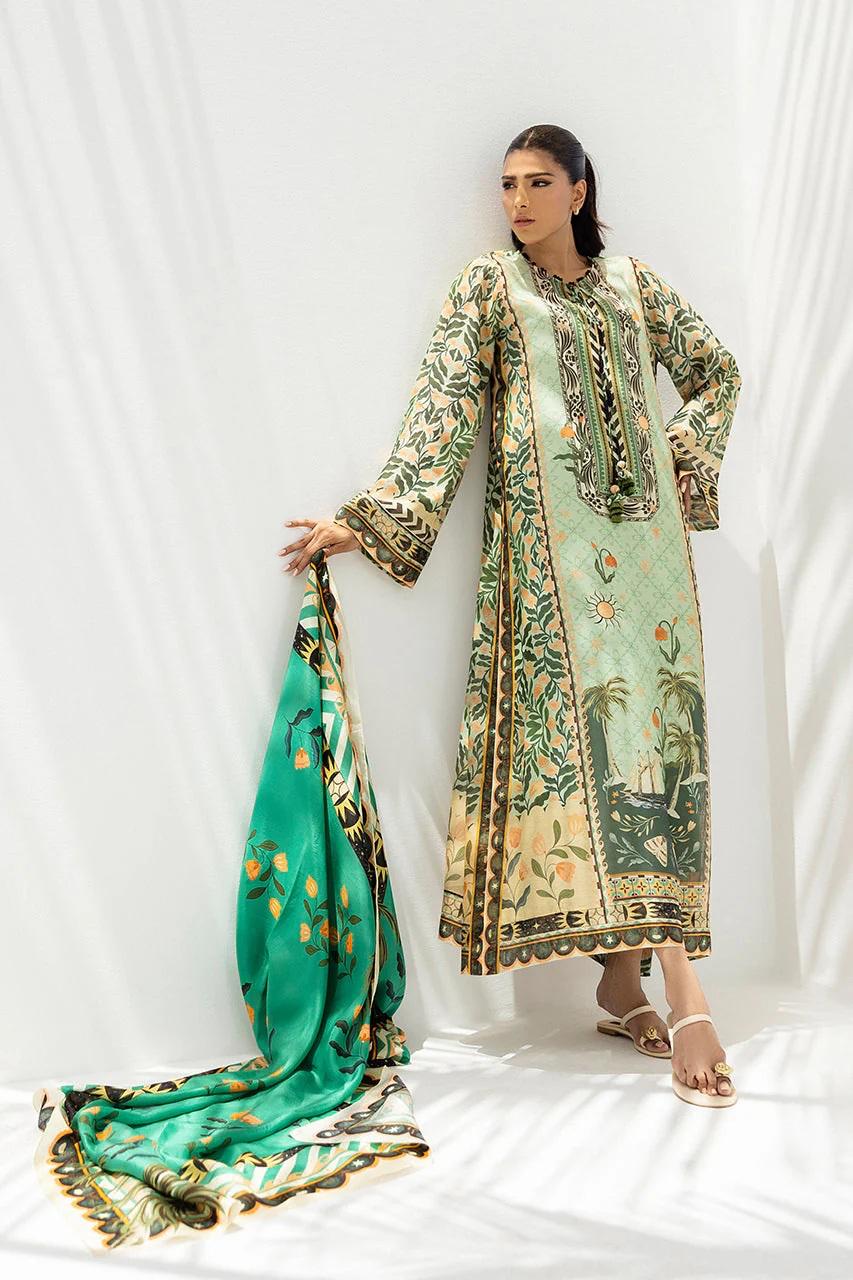 Light Green Palm Tree & Floral Printed Georgette Chiffon 3PC Coord Set with Scarf | Hand-Made Potli Work, Fabric Tassels & String | SKU: J6138