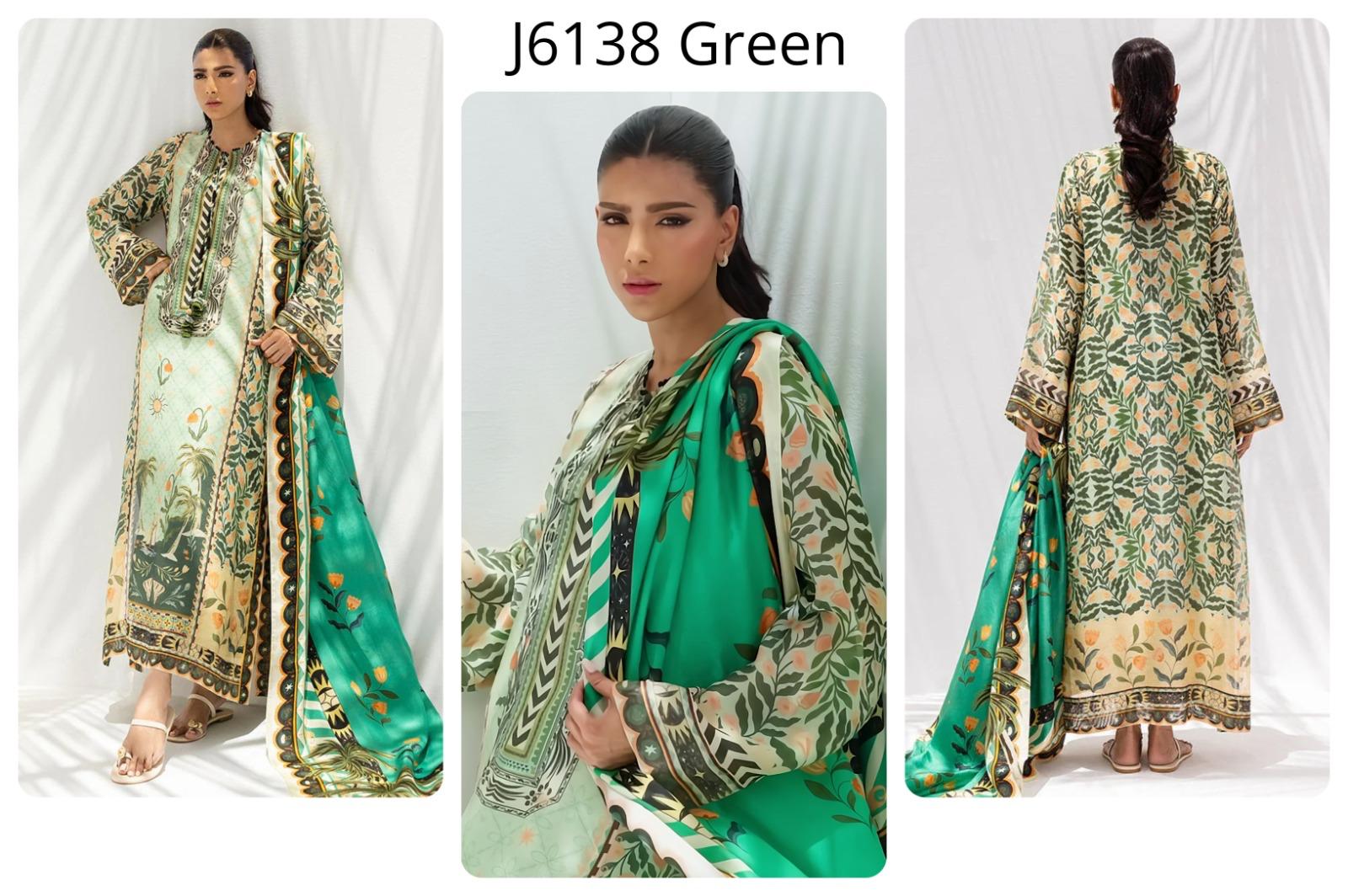 Light Green Palm Tree & Floral Printed Georgette Chiffon 3PC Coord Set with Scarf | Hand-Made Potli Work, Fabric Tassels & String | SKU: J6138