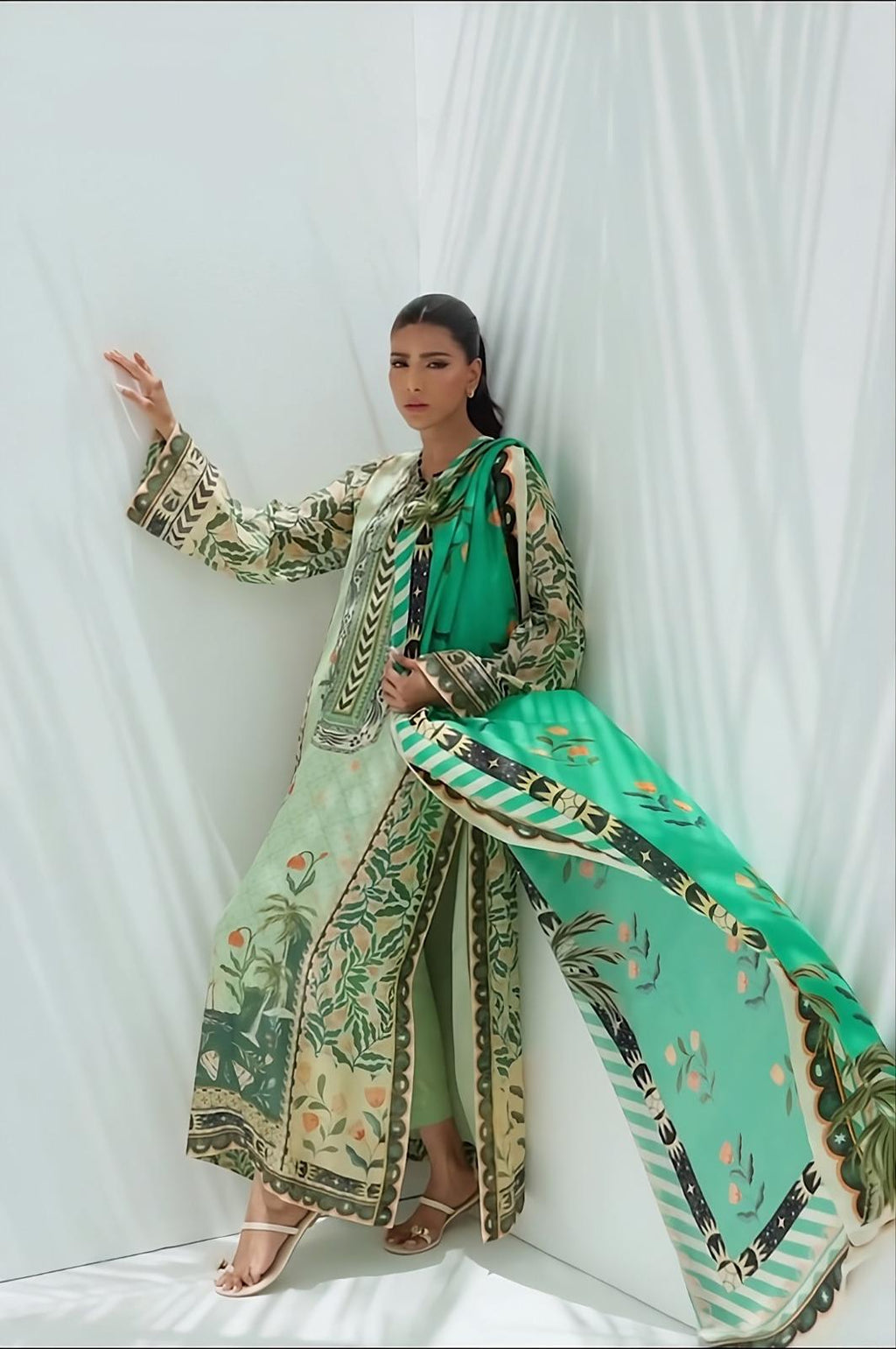 Light Green Palm Tree & Floral Printed Georgette Chiffon 3PC Coord Set with Scarf | Hand-Made Potli Work, Fabric Tassels & String | SKU: J6138