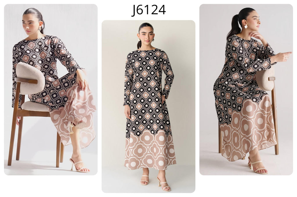 Black & Beige Geometric Floral Printed Premium Soft Crepe Maxi Tunic | Gradient Pattern Long Top | SKU: J6124 (Only Top)