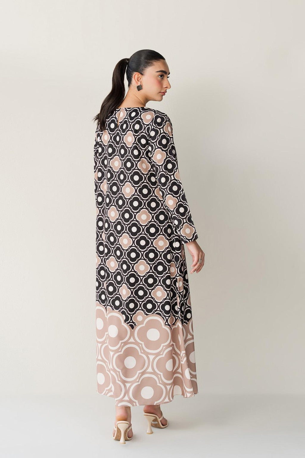 Black & Beige Geometric Floral Printed Premium Soft Crepe Maxi Tunic | Gradient Pattern Long Top | SKU: J6124 (Only Top)