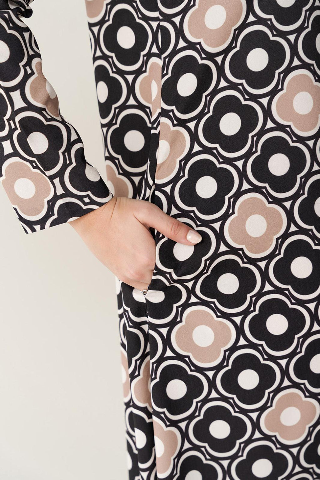 Black & Beige Geometric Floral Printed Premium Soft Crepe Maxi Tunic | Gradient Pattern Long Top | SKU: J6124 (Only Top)