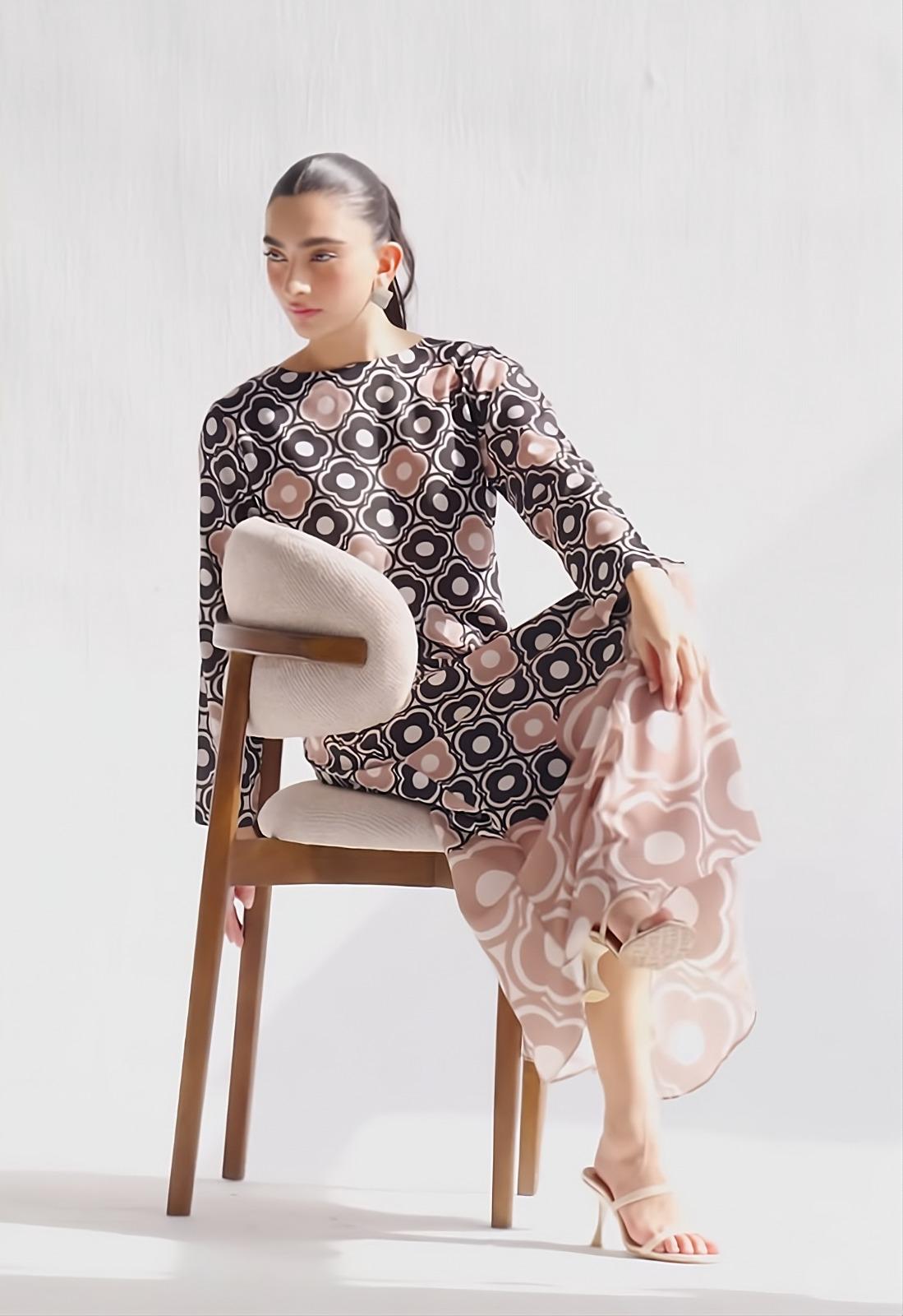 Black & Beige Geometric Floral Printed Premium Soft Crepe Maxi Tunic | Gradient Pattern Long Top | SKU: J6124 (Only Top)
