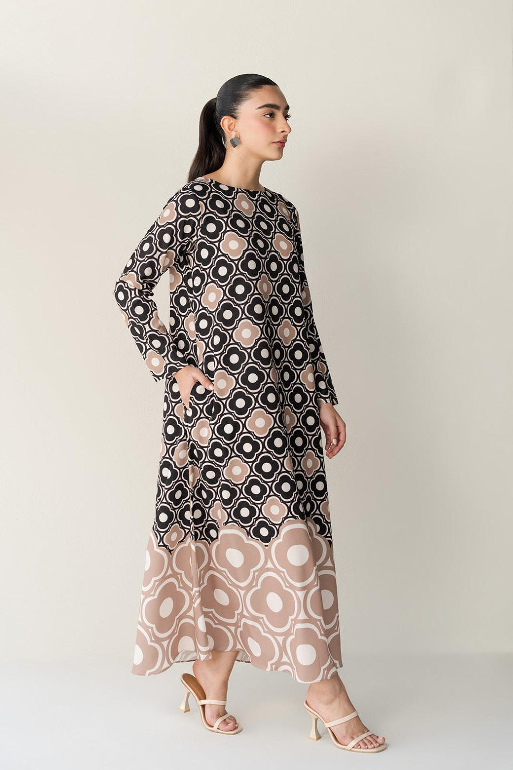 Black & Beige Geometric Floral Printed Premium Soft Crepe Maxi Tunic | Gradient Pattern Long Top | SKU: J6124 (Only Top)