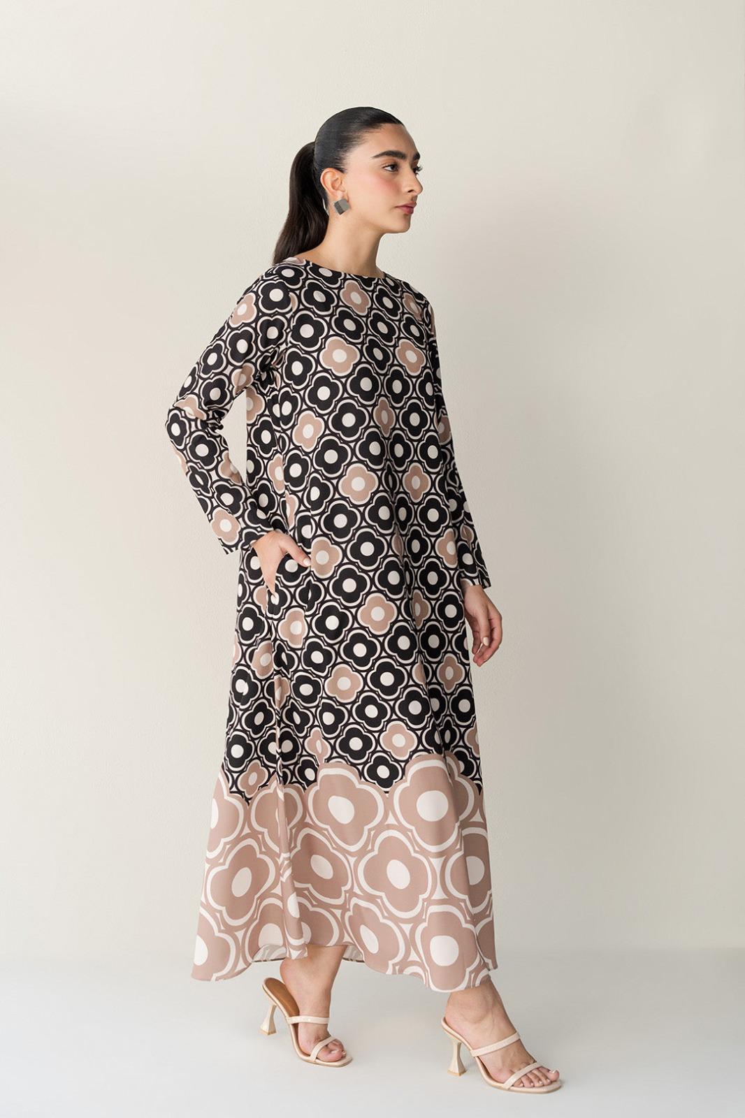 Black & Beige Geometric Floral Printed Premium Soft Crepe Maxi Tunic | Gradient Pattern Long Top | SKU: J6124 (Only Top)