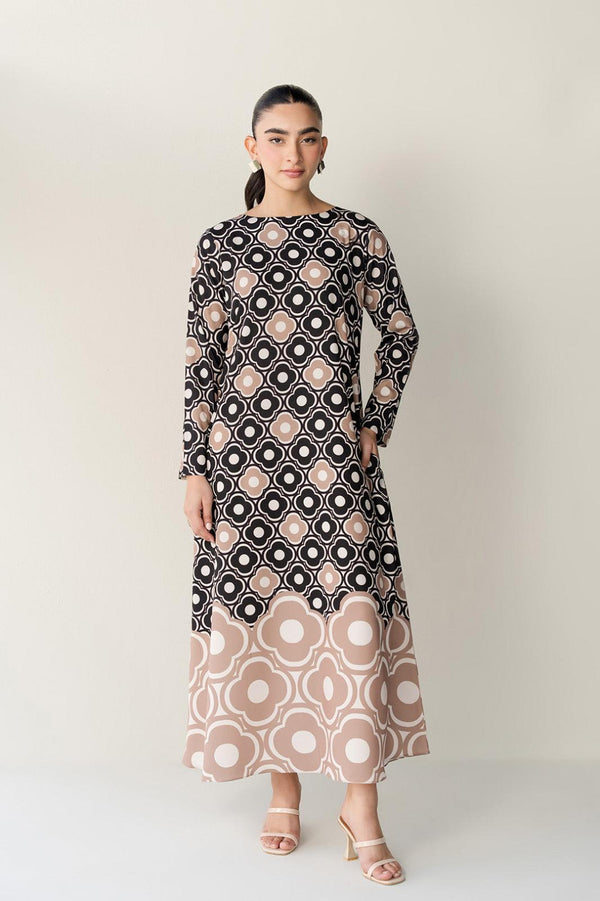 Black & Beige Geometric Floral Printed Premium Soft Crepe Maxi Tunic | Gradient Pattern Long Top | SKU: J6124 (Only Top)