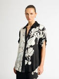 Black & Cream Abstract Floral Printed Soft BSY Crepe 2PC Co-ord Set | Collared Shirt & Wide Leg Pants | SKU: J6052