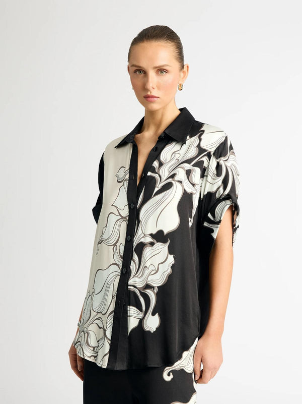 Black & Cream Abstract Floral Printed Soft BSY Crepe 2PC Co-ord Set | Collared Shirt & Wide Leg Pants | SKU: J6052