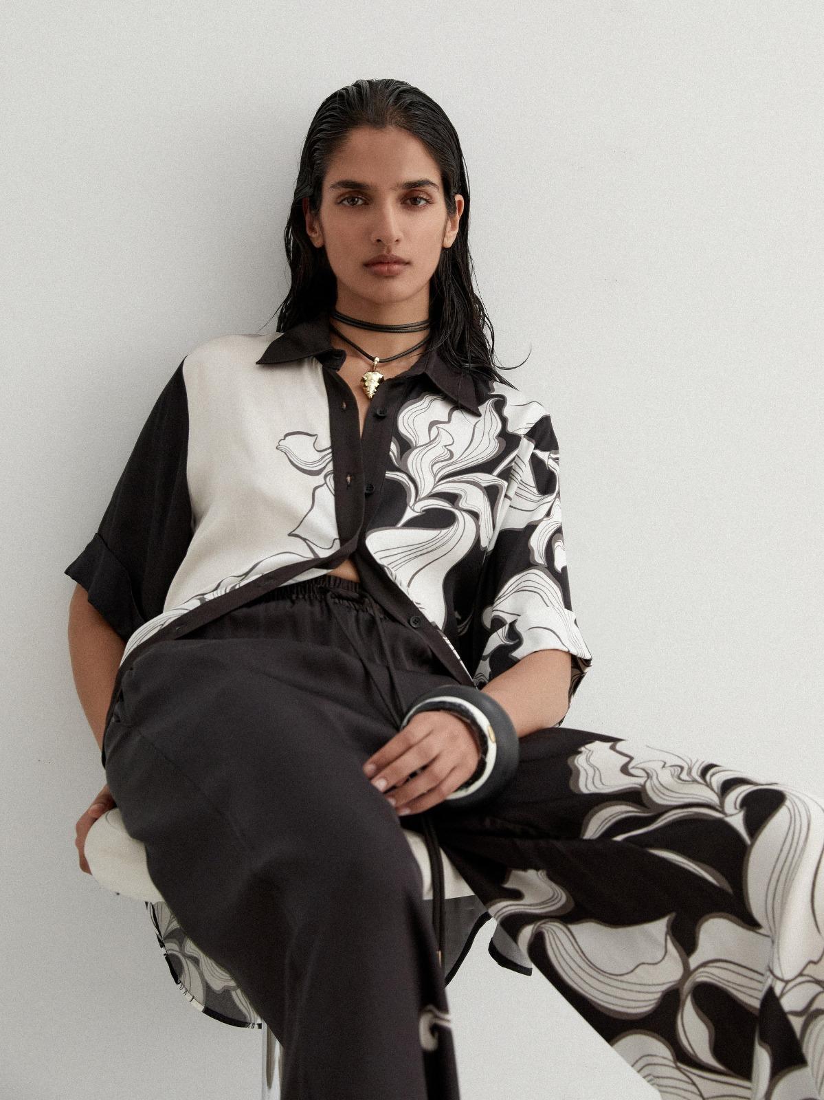Black & Cream Abstract Floral Printed Soft BSY Crepe 2PC Co-ord Set | Collared Shirt & Wide Leg Pants | SKU: J6052