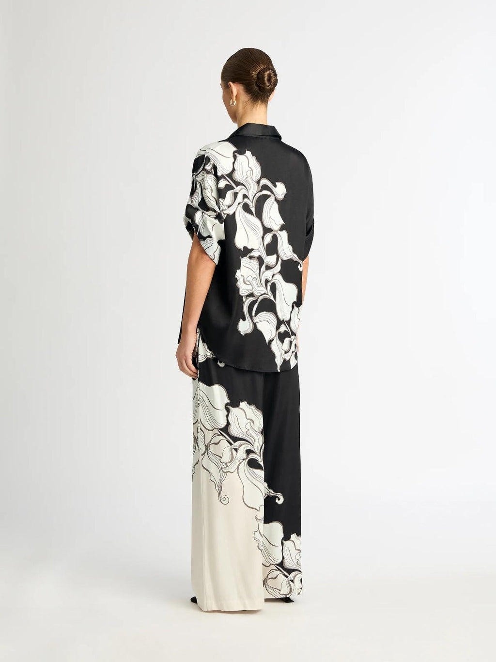 Black & Cream Abstract Floral Printed Soft BSY Crepe 2PC Co-ord Set | Collared Shirt & Wide Leg Pants | SKU: J6052