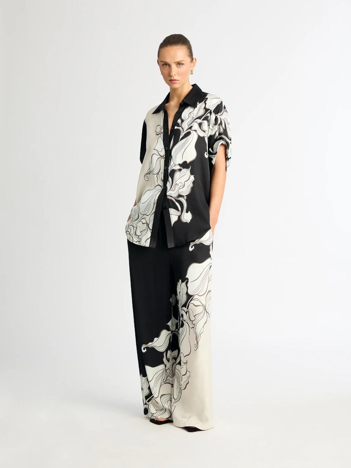 Black & Cream Abstract Floral Printed Soft BSY Crepe 2PC Co-ord Set | Collared Shirt & Wide Leg Pants | SKU: J6052