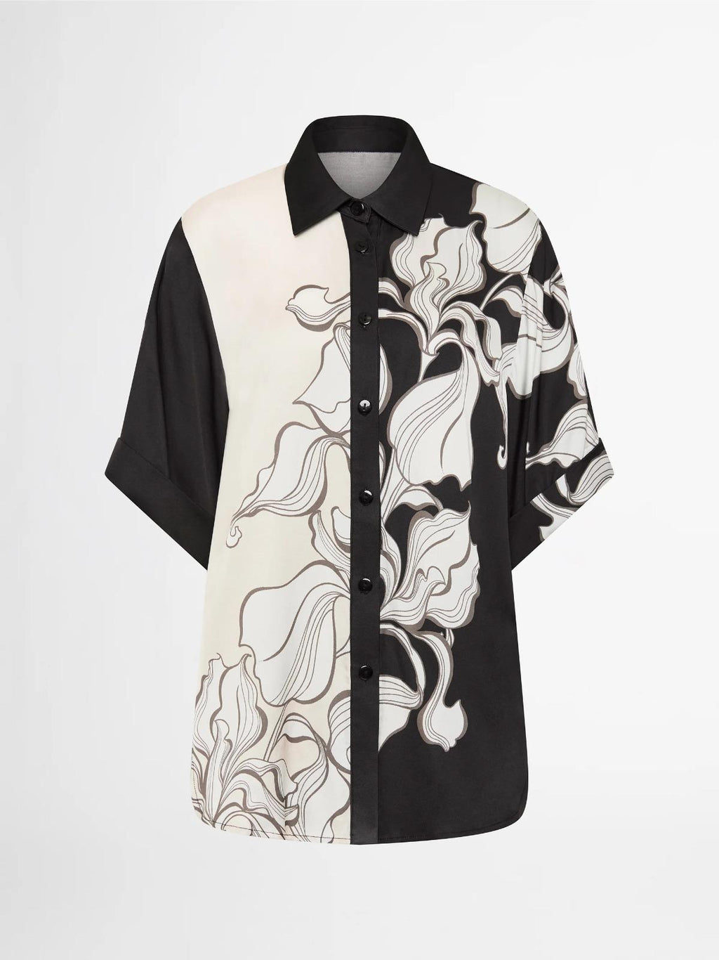 Black & Cream Abstract Floral Printed Soft BSY Crepe 2PC Co-ord Set | Collared Shirt & Wide Leg Pants | SKU: J6052