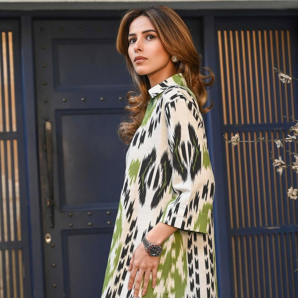 Green White Ikat Printed Linen Blend Collared Tunic Shirt | 3/4 Sleeve Casual Top | SKU: J6051