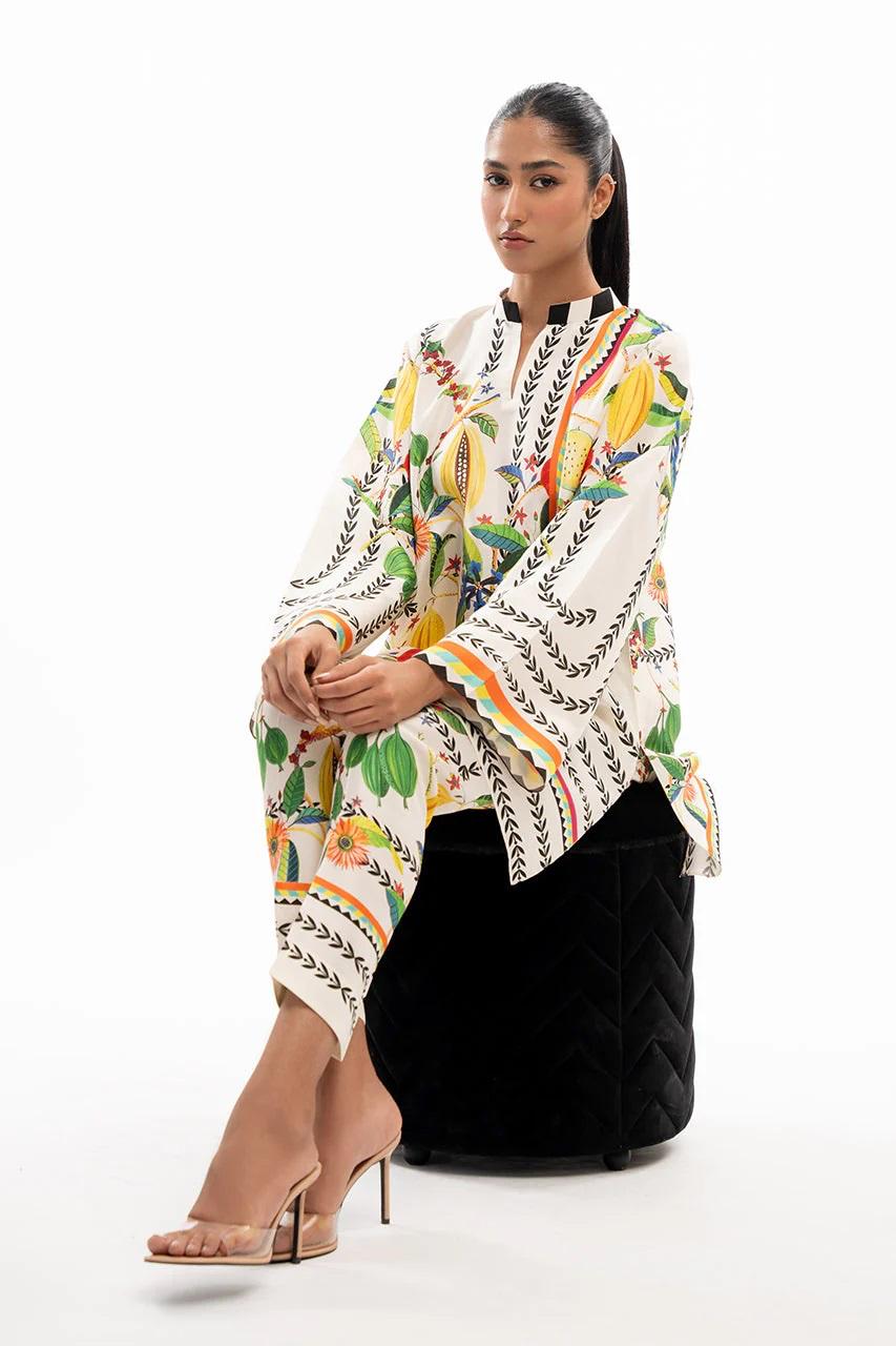 White Multi-Fruit & Floral Printed Korean BSY Co-ord Set | Wide Sleeve Shirt & Pants | SKU: J5945