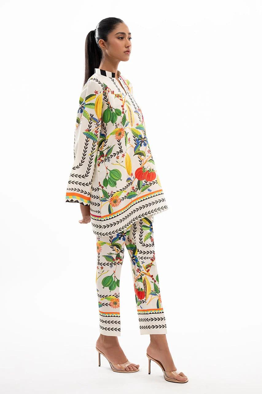 White Multi-Fruit & Floral Printed Korean BSY Co-ord Set | Wide Sleeve Shirt & Pants | SKU: J5945