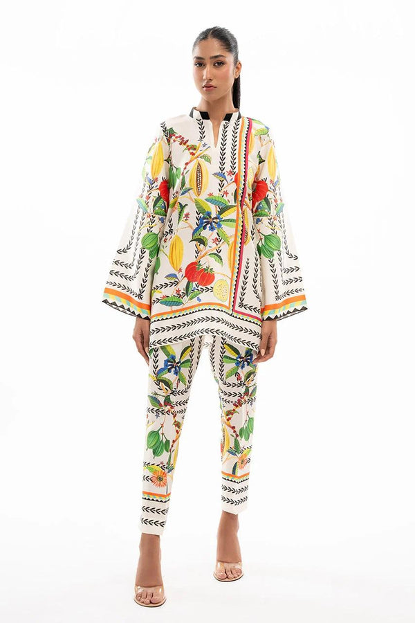 White Multi-Fruit & Floral Printed Korean BSY Co-ord Set | Wide Sleeve Shirt & Pants | SKU: J5945