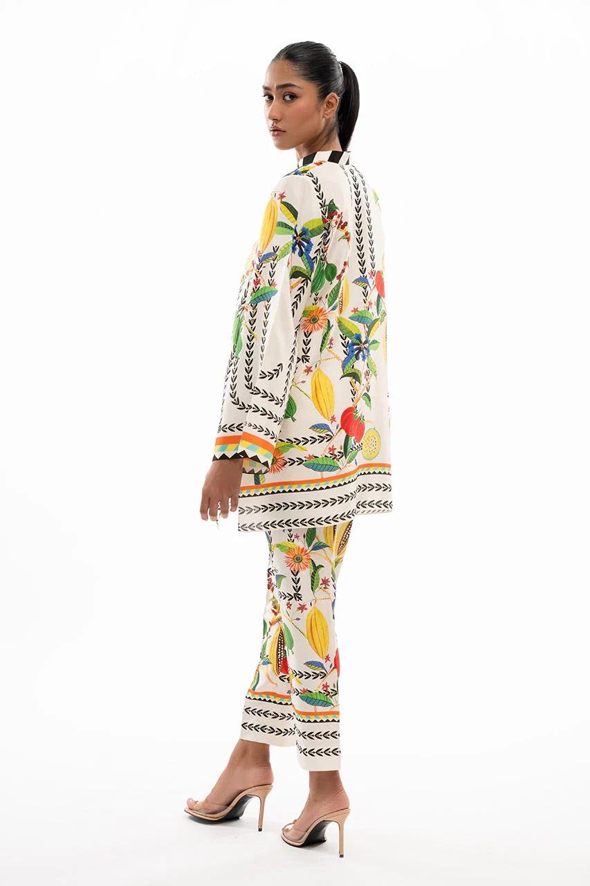 White Multi-Fruit & Floral Printed Korean BSY Co-ord Set | Wide Sleeve Shirt & Pants | SKU: J5945