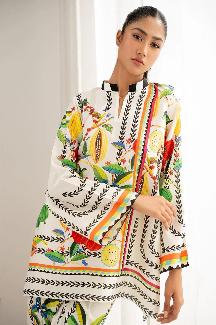 White Multi-Fruit & Floral Printed Korean BSY Co-ord Set | Wide Sleeve Shirt & Pants | SKU: J5945