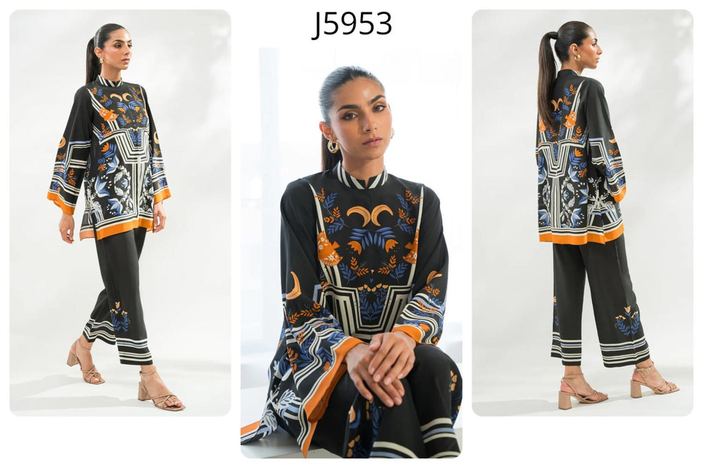 Black Geometric Floral Printed Korean BSY Shirt Top & Wide Leg Pant Co-ord Set | Mandarin Collar | SKU: J5953