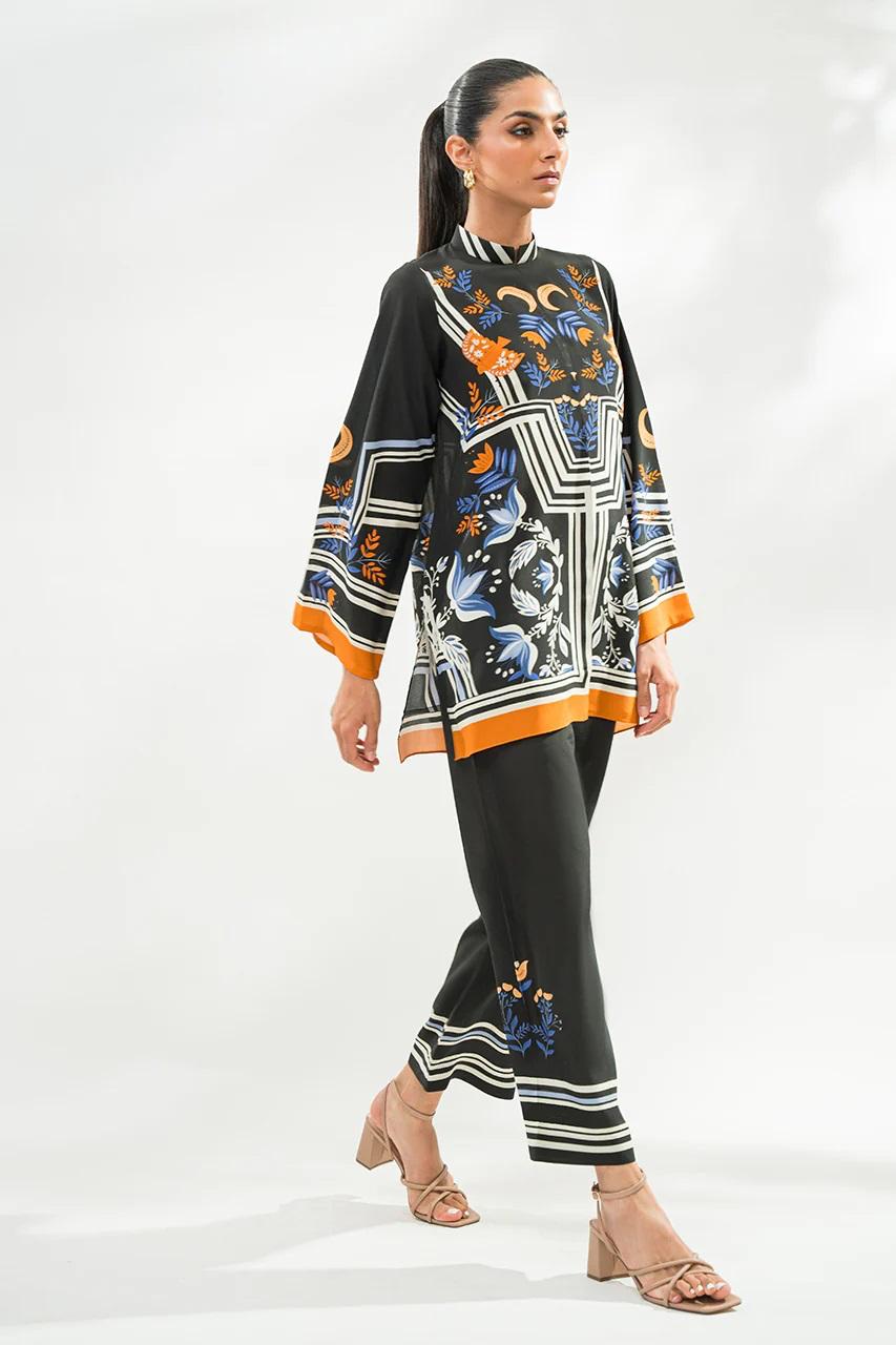 Black Geometric Floral Printed Korean BSY Shirt Top & Wide Leg Pant Co-ord Set | Mandarin Collar | SKU: J5953
