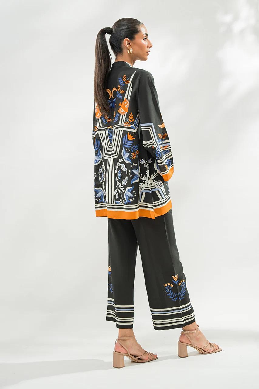Black Geometric Floral Printed Korean BSY Shirt Top & Wide Leg Pant Co-ord Set | Mandarin Collar | SKU: J5953
