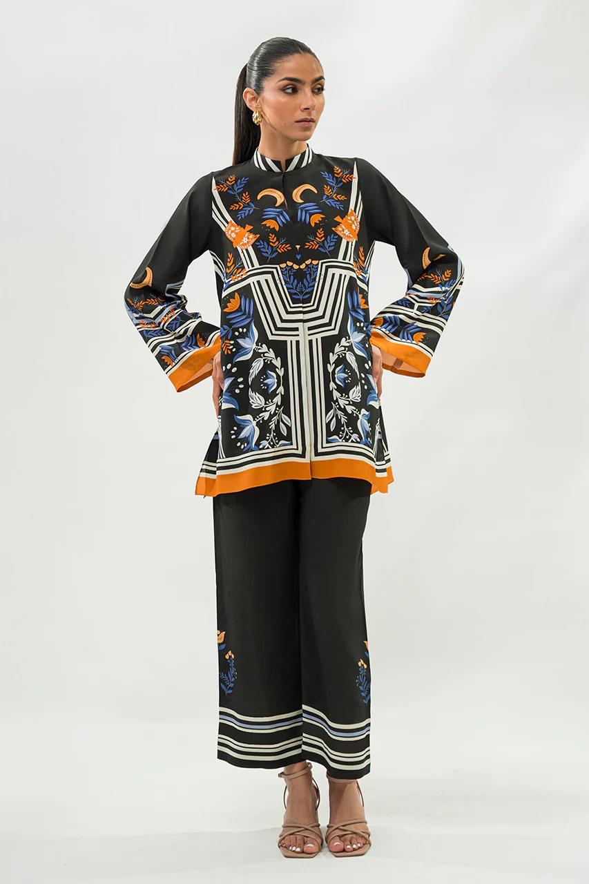 Black Geometric Floral Printed Korean BSY Shirt Top & Wide Leg Pant Co-ord Set | Mandarin Collar | SKU: J5953