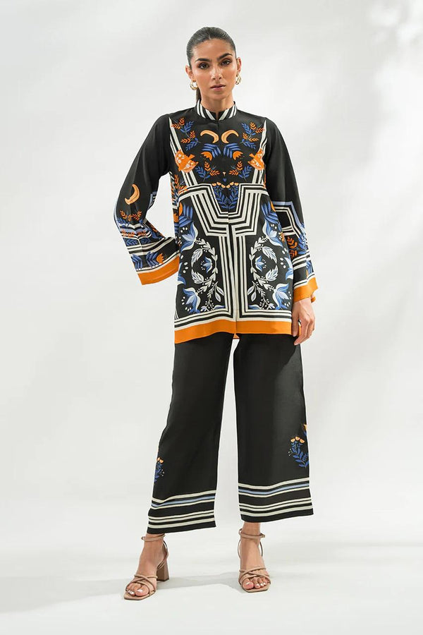 Black Geometric Floral Printed Korean BSY Shirt Top & Wide Leg Pant Co-ord Set | Mandarin Collar | SKU: J5953