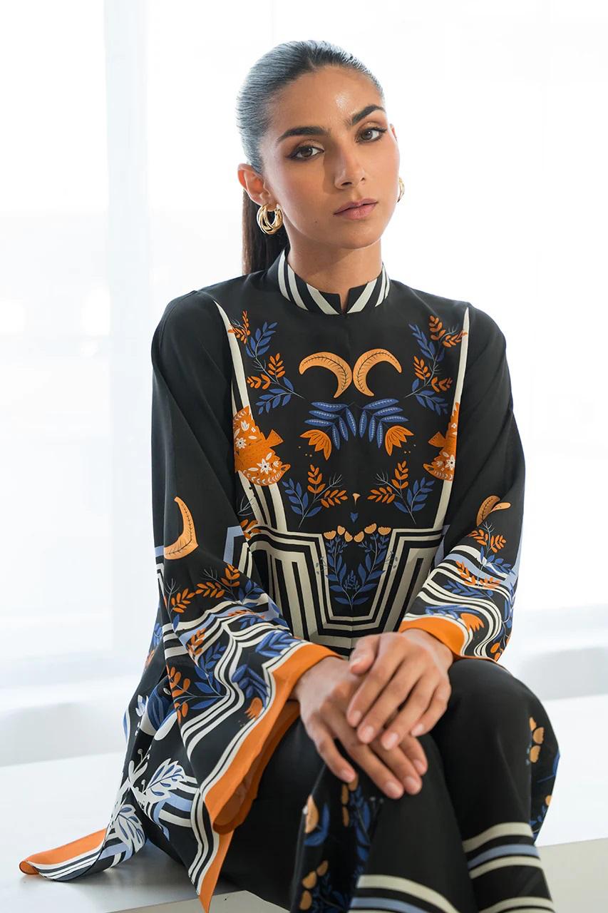 Black Geometric Floral Printed Korean BSY Shirt Top & Wide Leg Pant Co-ord Set | Mandarin Collar | SKU: J5953