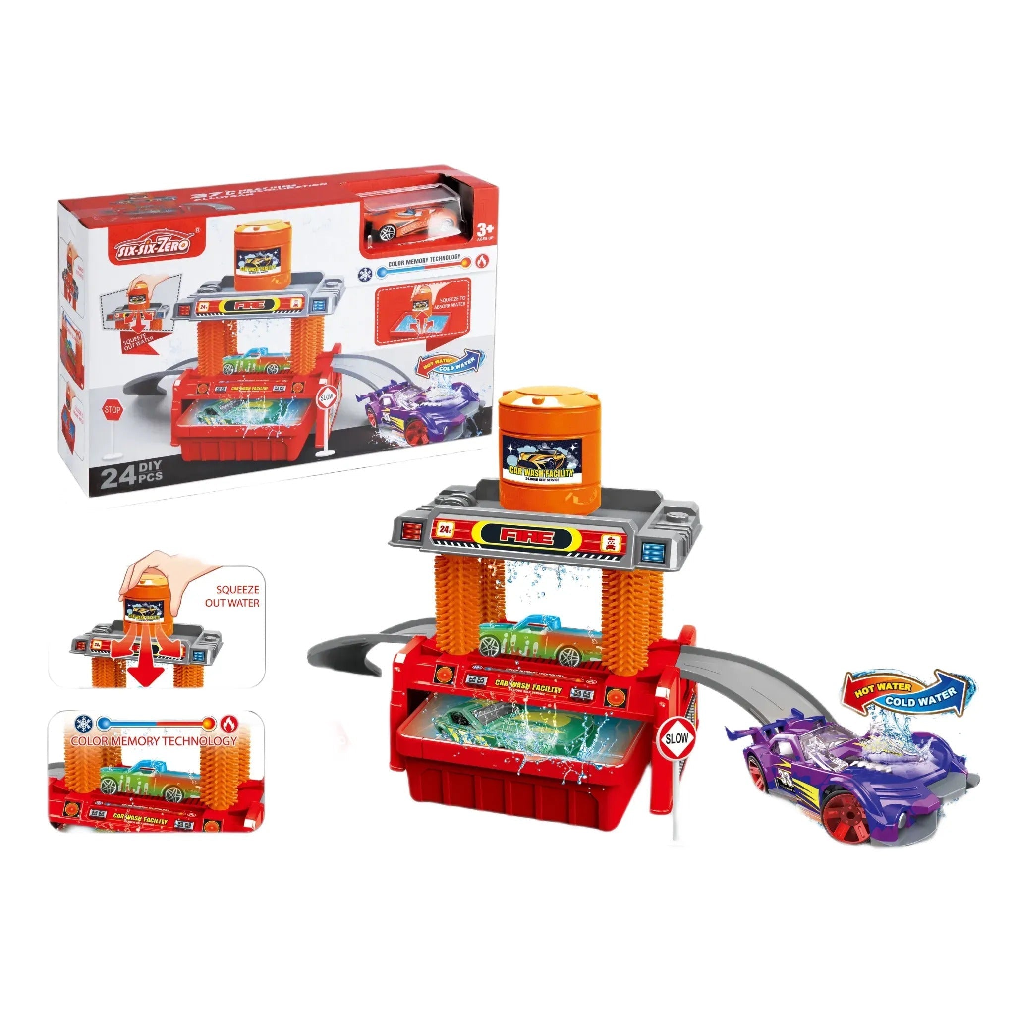 SIX-SIX-ZERO DIY Color Changing Car Wash Playset - 24 Pieces Educational Toy with Water Spray & Color Memory Technology for Kids