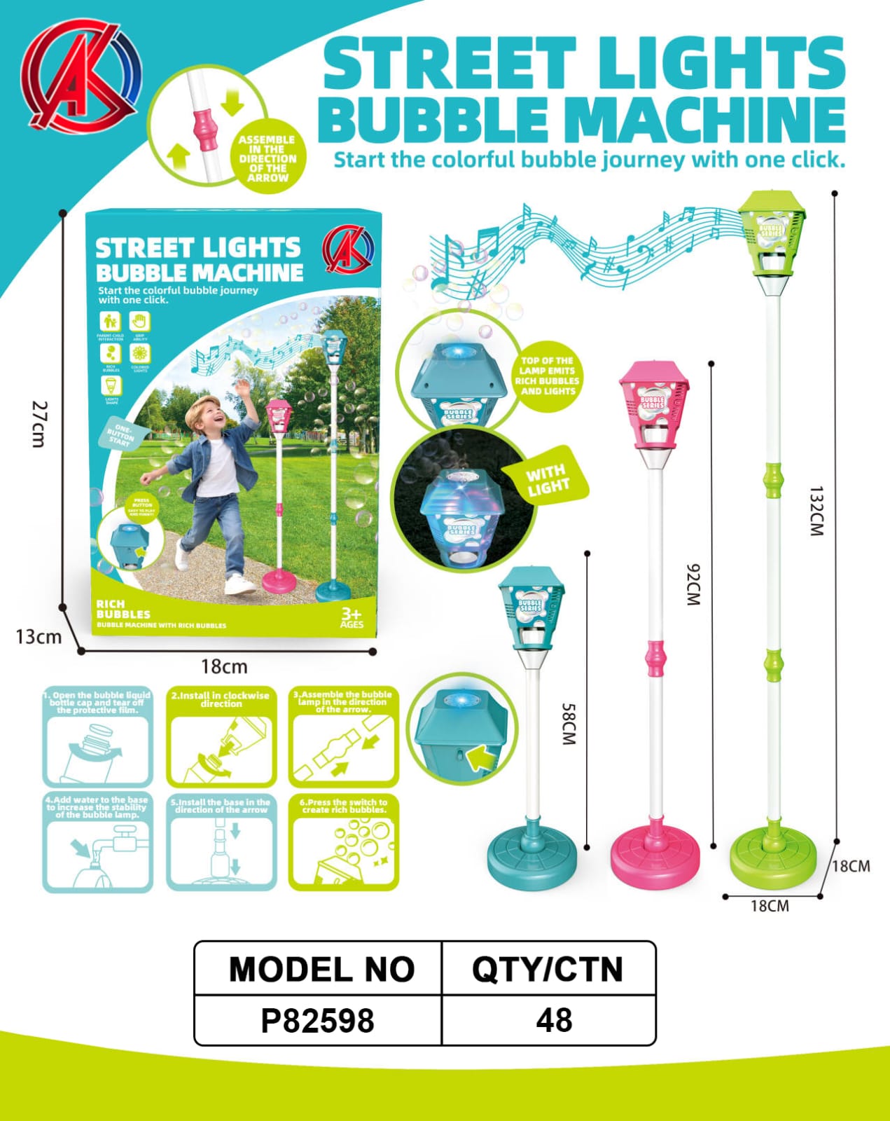 Street Lights Bubble Machine with Lights and Music - Adjustable Height (Up to 132cm) for Kids