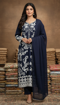 Navy Blue Embroidered Suit with Chiffon Dupatta – Luxury White Chikankari Work
