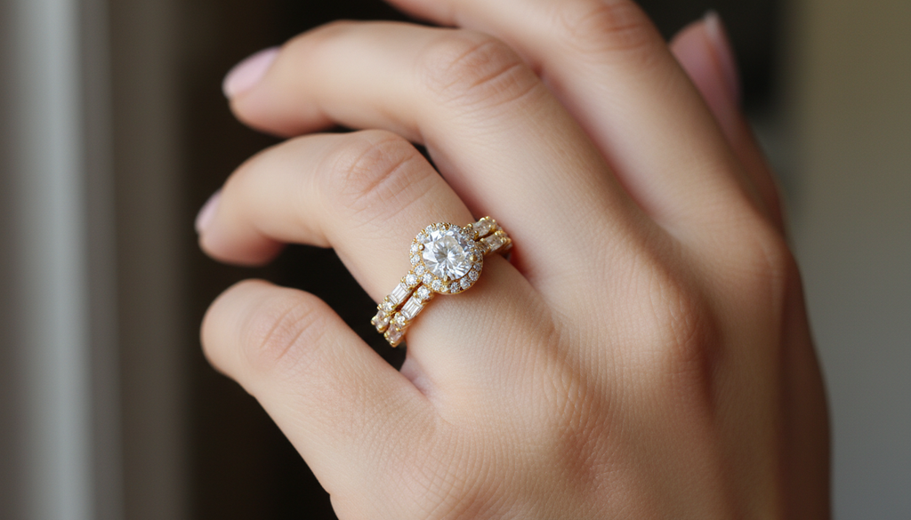 Round Brilliant Halo Ring with Baguette Side Stones – Luxury Split Shank Design