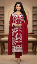 Maroon Red Embroidered Suit with Chiffon Dupatta – White Floral Luxury Work
