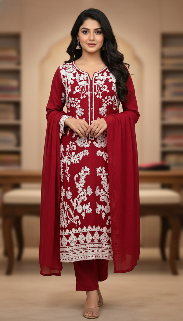 Maroon Red Embroidered Suit with Chiffon Dupatta – White Floral Luxury Work