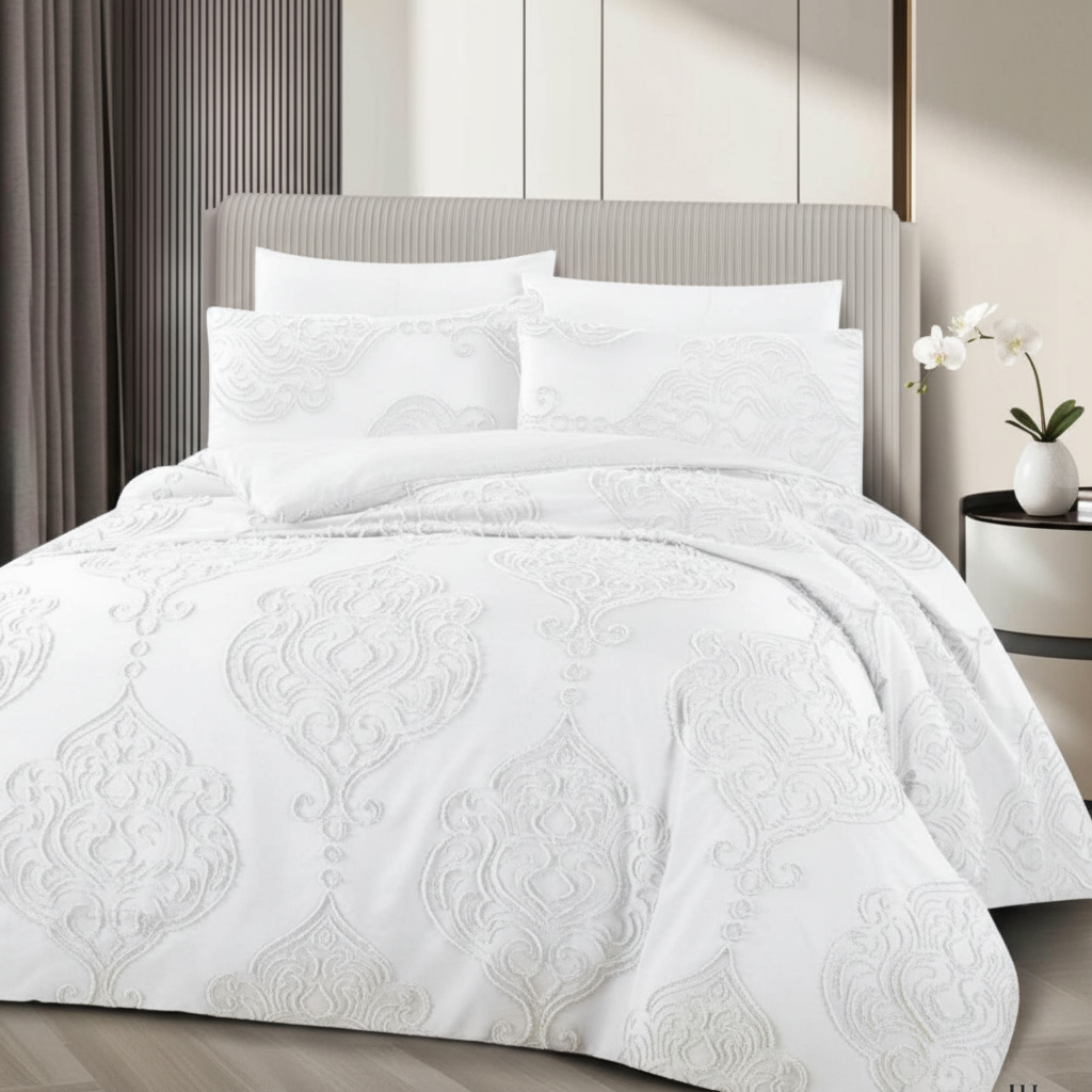 Elegance and Comfort: Pristine White Damask Bed Sheet Set for a Serene Sanctuary" (super king size)