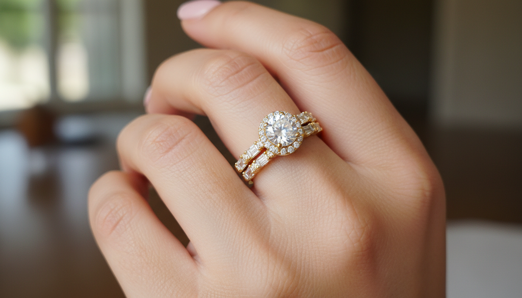 Round Brilliant Halo Ring with Baguette Side Stones – Luxury Split Shank Design