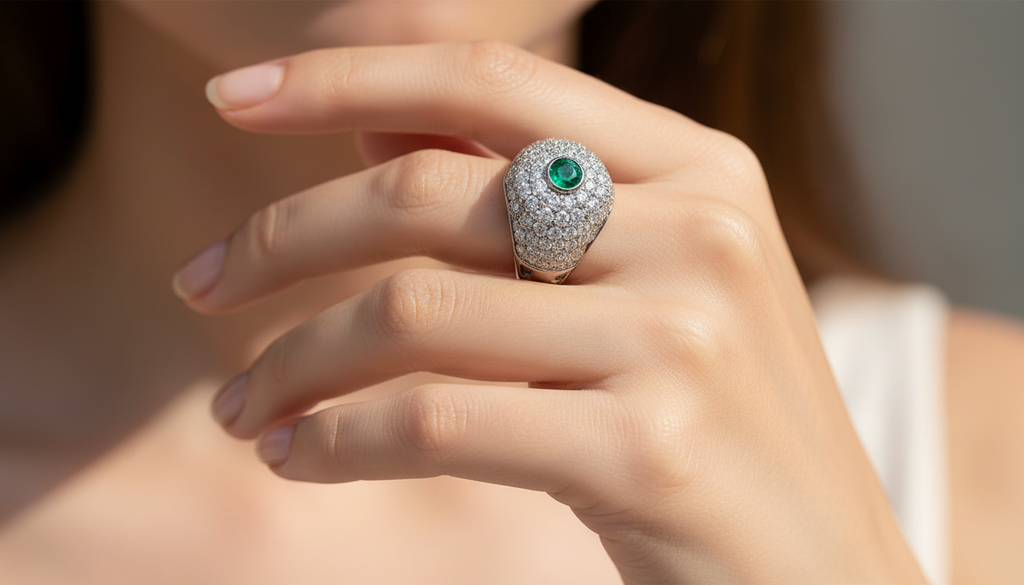 Emerald Center Dome Ring with Full Pavé – Luxurious Cocktail Statement