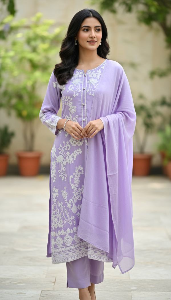 Lavender Purple Embroidered Suit with Chiffon Dupatta – Pastel Floral Elegance