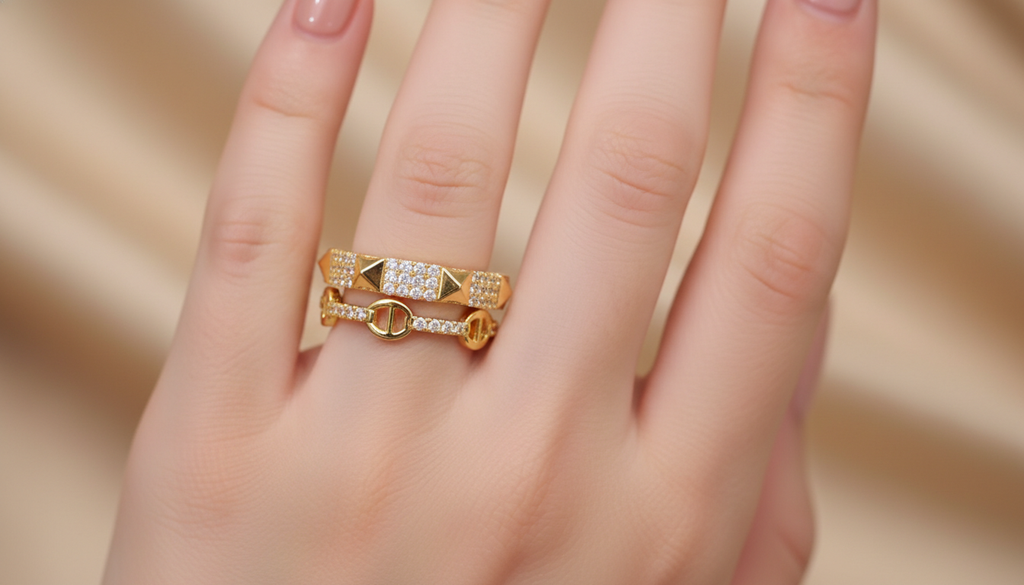 Geometric Bar Ring – Studded Pyramid & Link Design