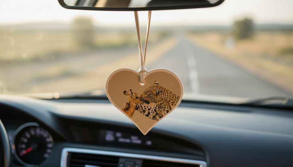 Heart-Shaped Leopard & Giraffe Kissing Car Mirror Hanging – Cute Animal Decorative Tag