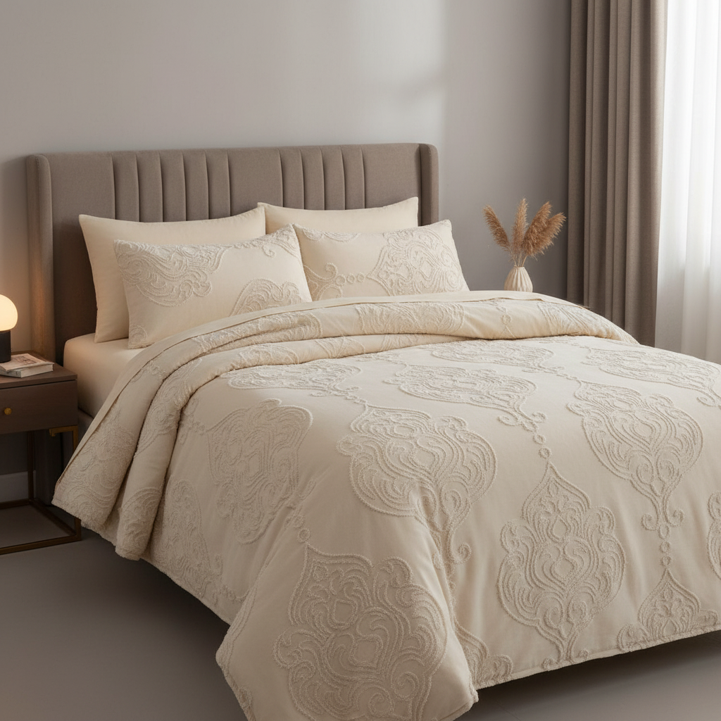 Warmth and Harmony: Elegant Beige/Cream Damask Bed Sheet Set for a Cozy Retreat