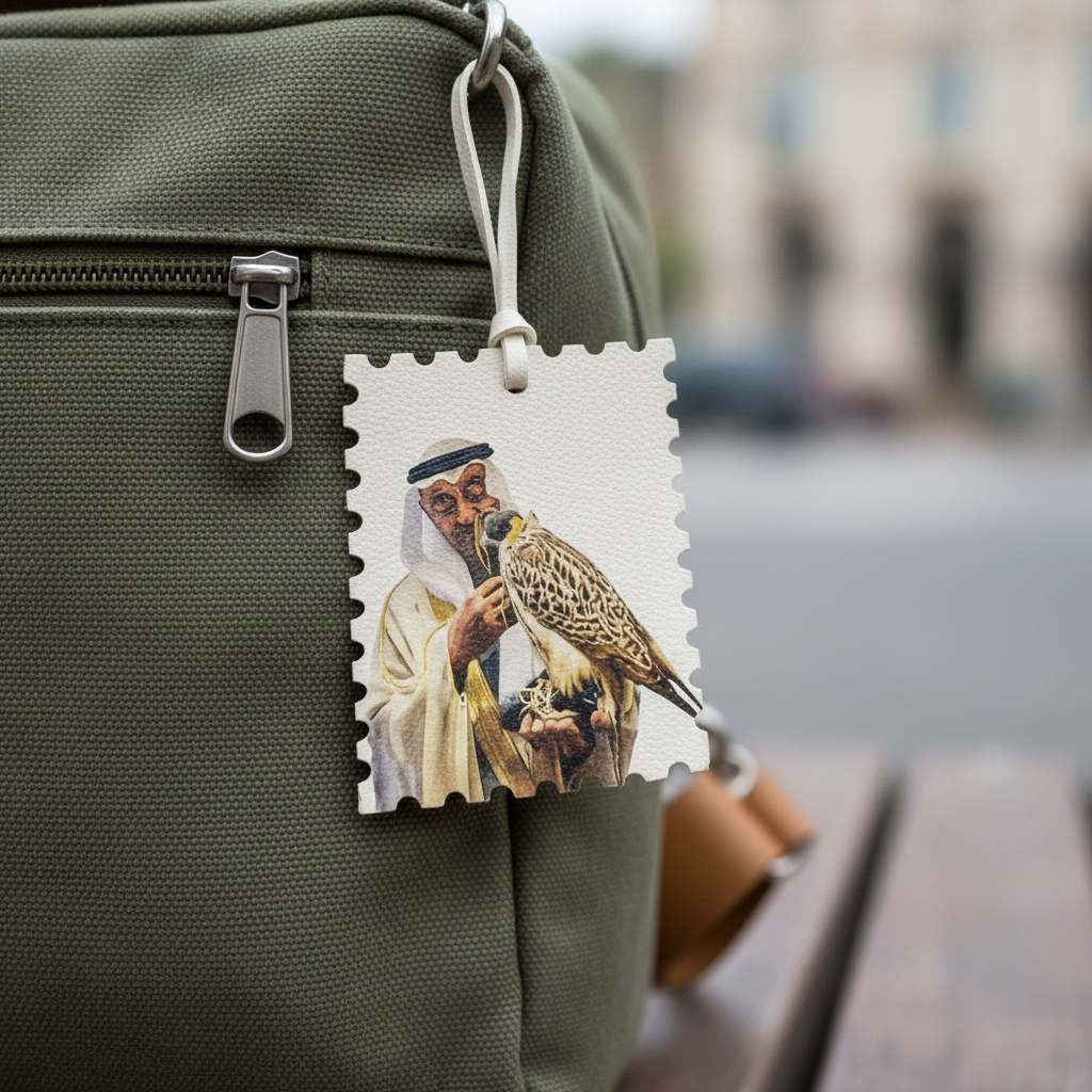 Sheikh with Falcon Portrait Hanging Tag – UAE Falconry Heritage Stamp Style Ornament