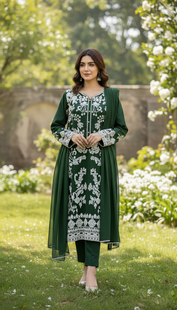 Emerald Green Embroidered Suit with Dupatta – Elegant Summer Collection