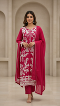 Fuchsia Pink Embroidered Suit with Chiffon Dupatta – Bold White Floral Chikankari