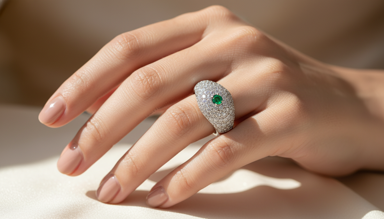 Emerald Center Dome Ring with Full Pavé – Luxurious Cocktail Statement