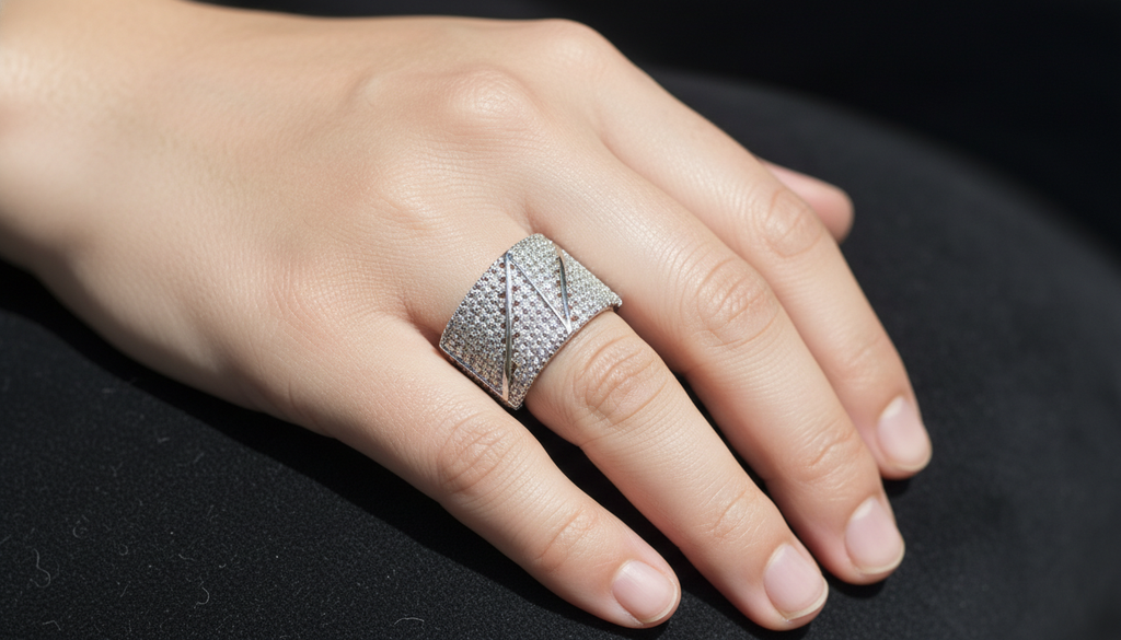 White Full Pavé Geometric Band Ring – Bold Angular Statement