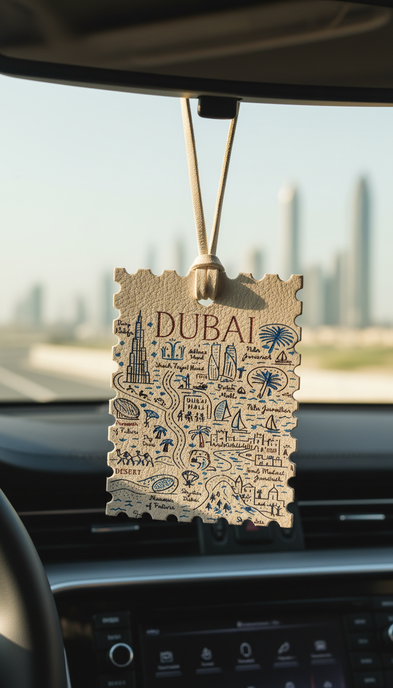 Premium leather UAE Emirates Illustrated Map – Luxury Hanging Fresheners (Abu Dhabi, Dubai, Fujairah, Sharjah)