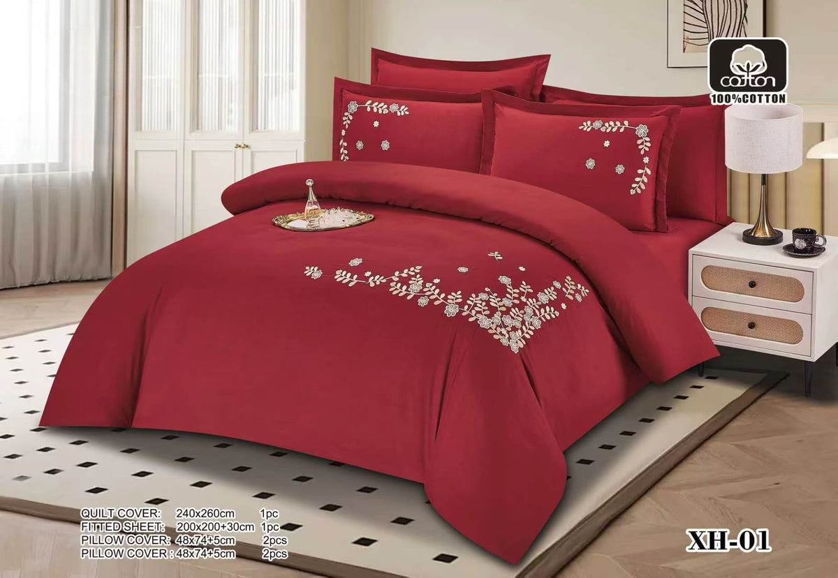 Luxury Embroidered Cotton Duvet Cover Set – Super King 260x240 – Crimson Red Cream & Gold Floral Spray (XH-01)